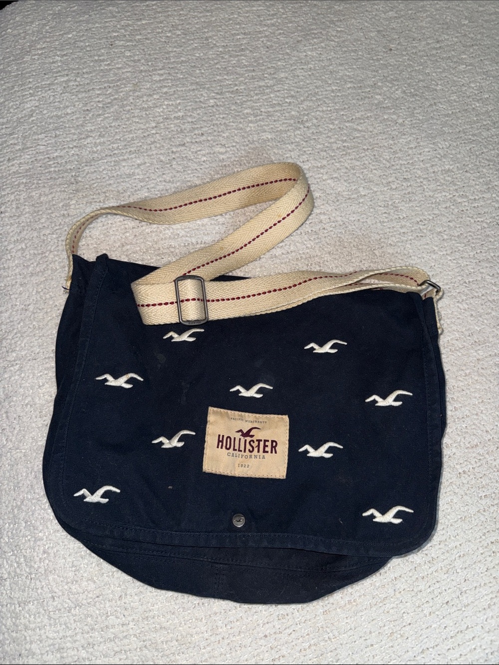Hollister Navy Canvas Messenger Bag with Cream Strap